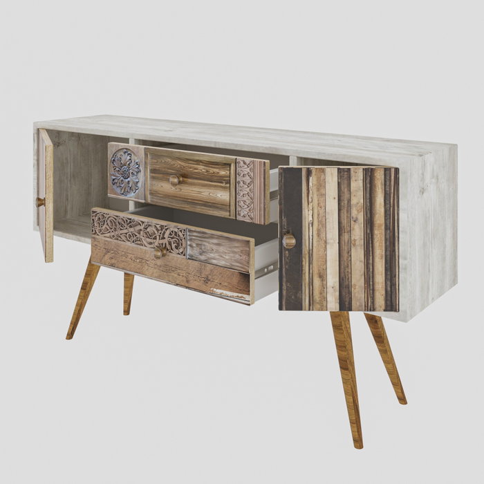 Hanah Home Soporte TV Rústico Blanco y Nogal 122 cm - Mueble TV con 2 Cajones y Estantes - Tablero Melamina